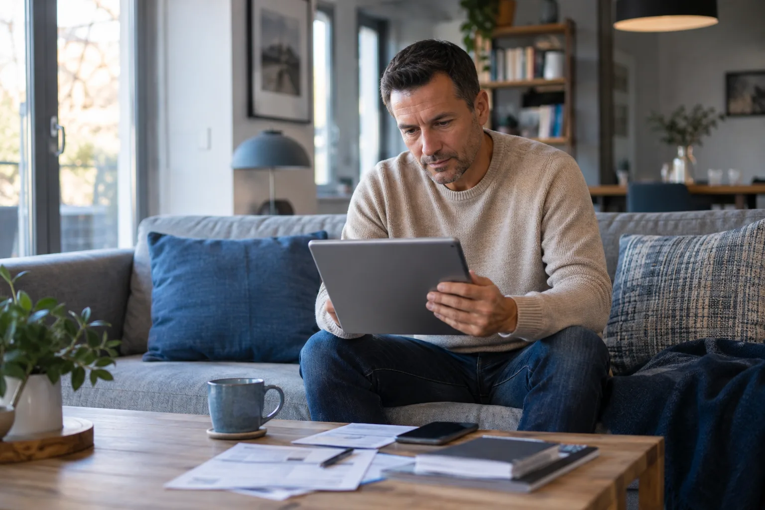 Festgeld-Zinsen: Laufzeiten vergleichen und Tagesgeld richtig einordnen Tablet zur digitalen Sparplanung im Wohnzimmer.