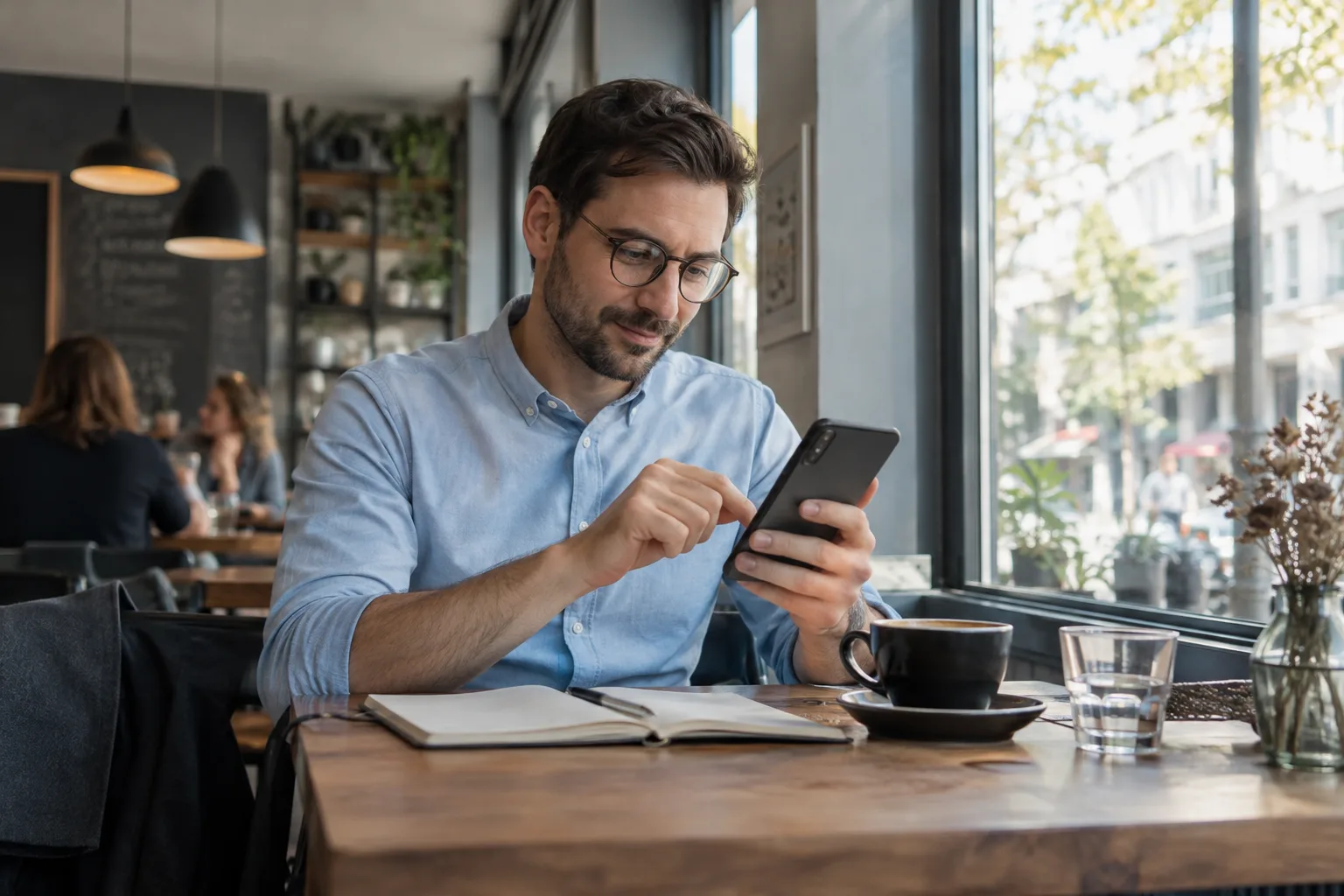 Person prüft ihre Finanzen unterwegs am Smartphone.