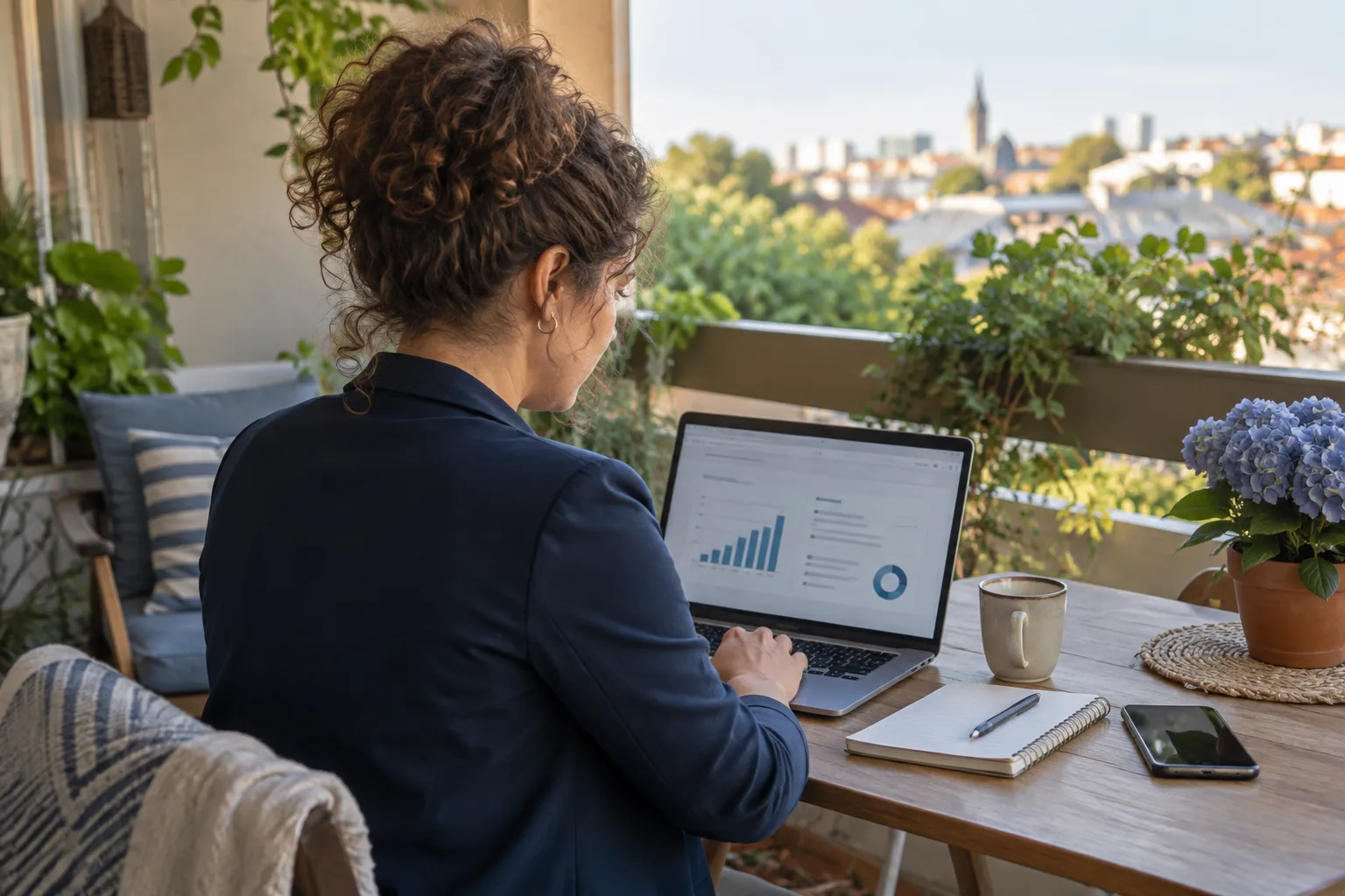 Tagesgeld für zwölf Monate: Aktionszins und Jahresertrag vergleichen Person vergleicht Sparmöglichkeiten am Laptop auf dem Balkon.