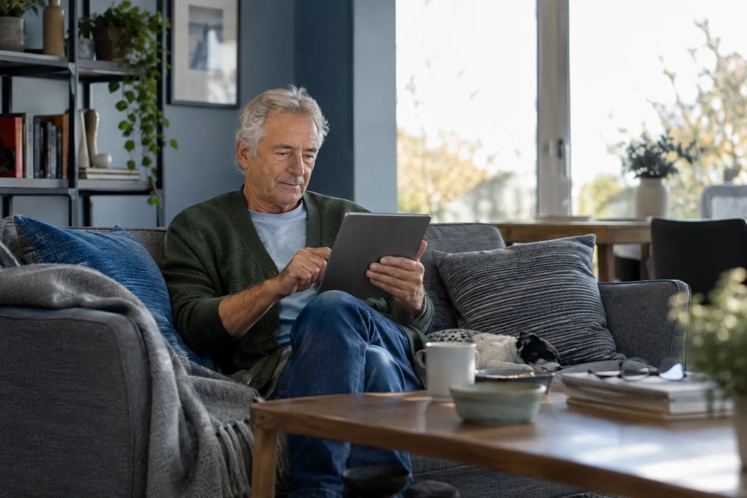 Tablet zur digitalen Sparplanung im Wohnzimmer.