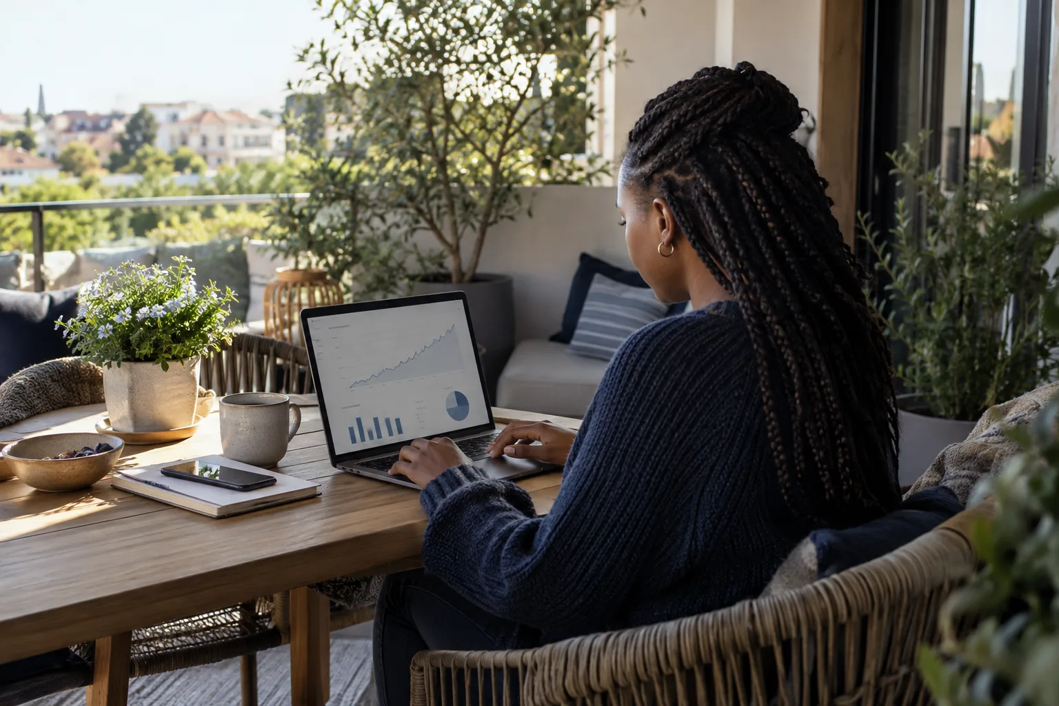 Tagesgeld-Entwicklung: Zinsgeschichte richtig einordnen Person vergleicht Sparmöglichkeiten am Laptop auf dem Balkon.