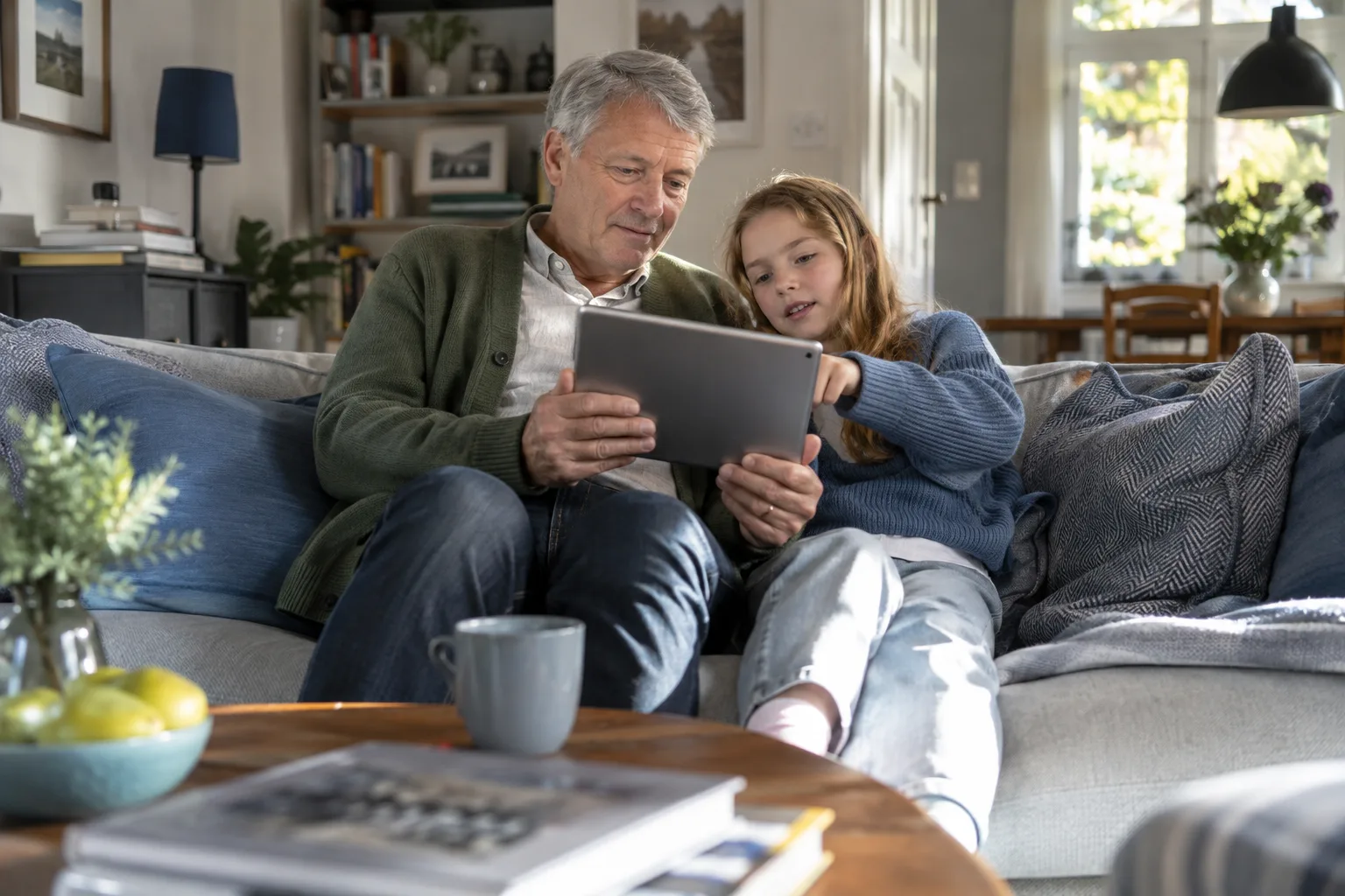 Tablet zur digitalen Sparplanung im Wohnzimmer.