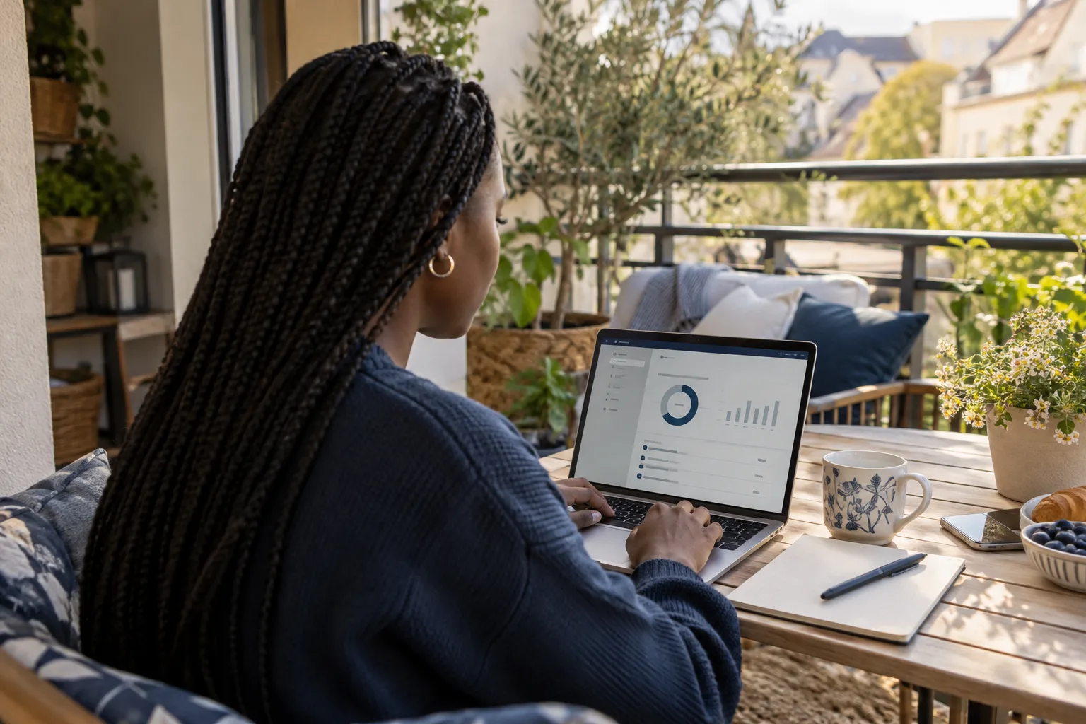 Person vergleicht Sparmöglichkeiten am Laptop auf dem Balkon.