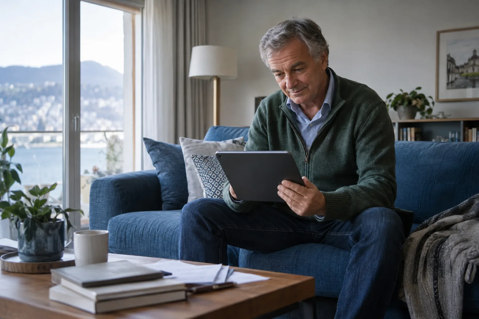 Tablet zur digitalen Sparplanung im Wohnzimmer.