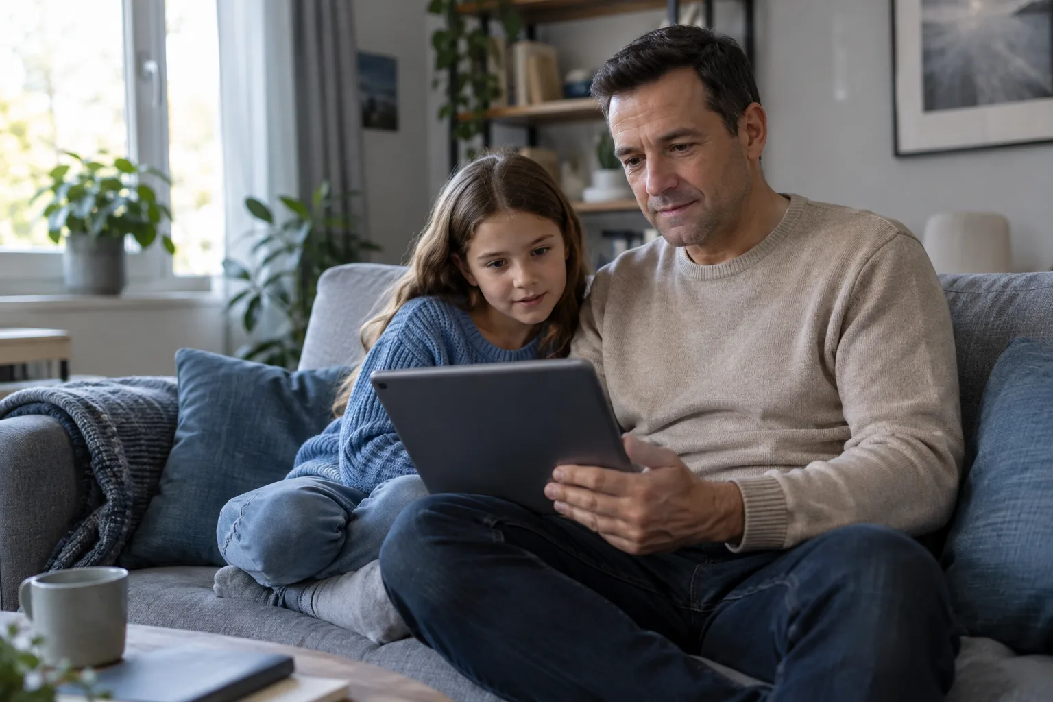Tablet zur digitalen Sparplanung im Wohnzimmer.