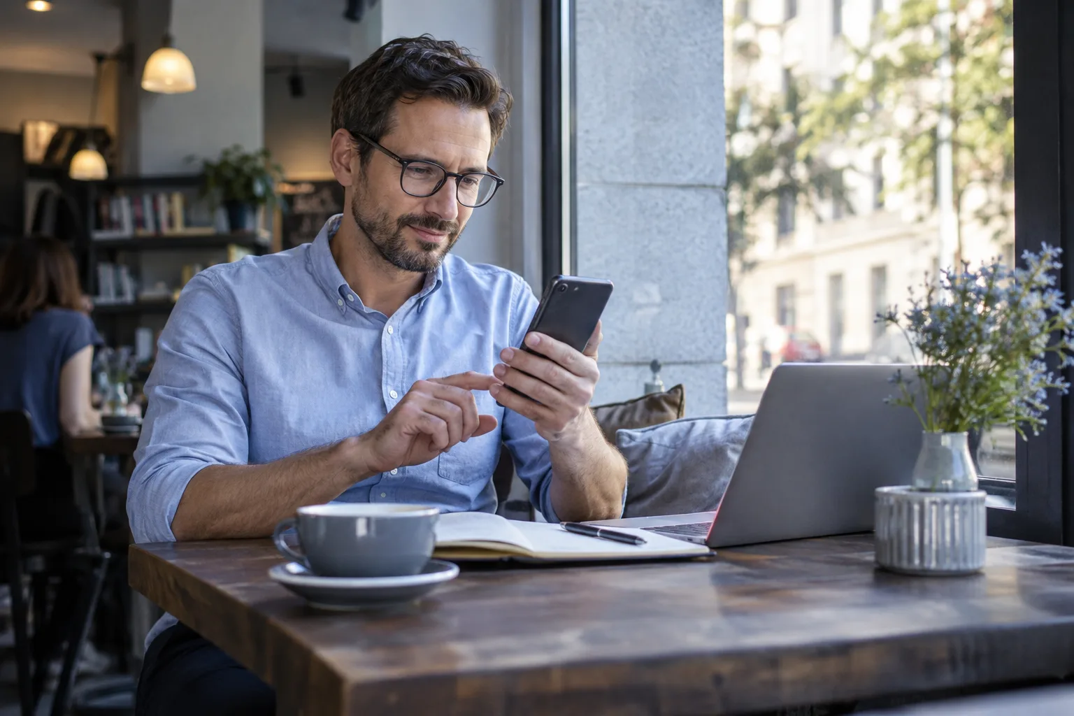 Person prüft ihre Finanzen unterwegs am Smartphone.