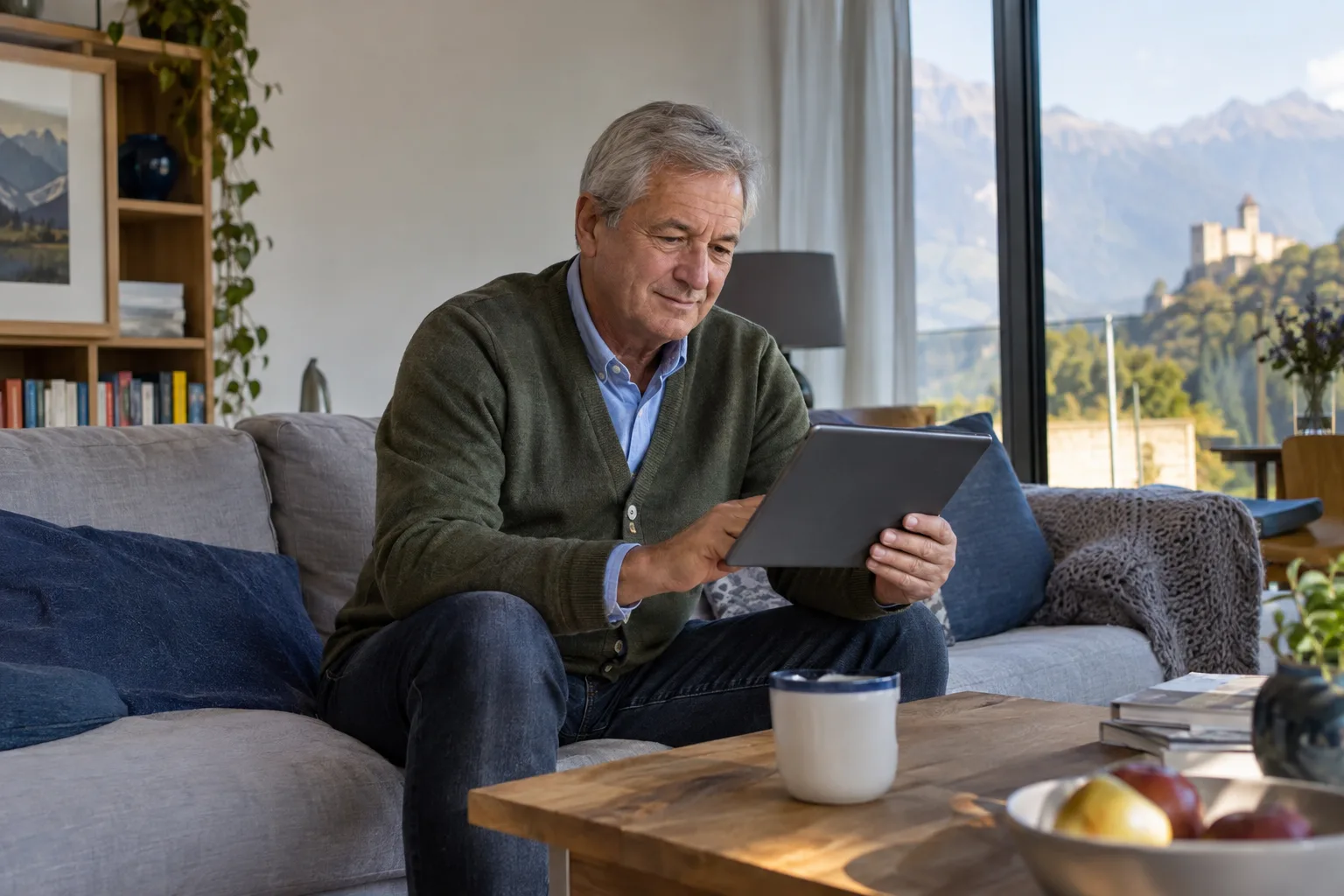 Tagesgeld in Liechtenstein: Währung, Zugang und EAS-Schutz Tablet zur digitalen Sparplanung im Wohnzimmer.