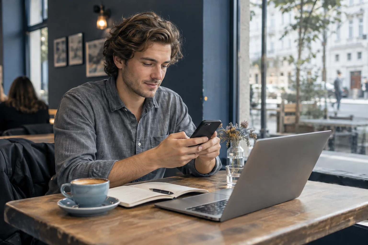 Person prüft ihre Finanzen unterwegs am Smartphone.