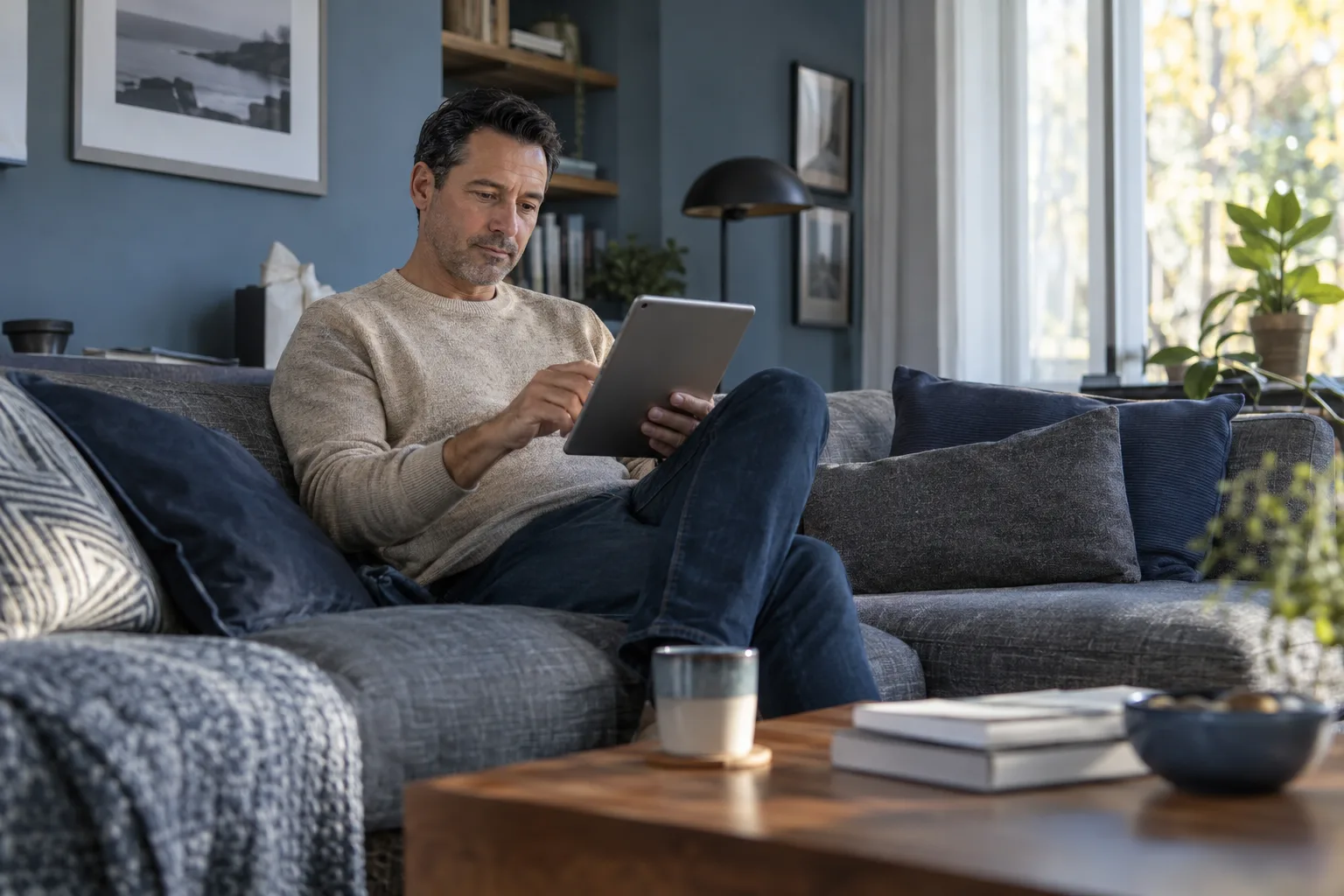 Quirin Tagesgeld: Zinskonto und Cash-Invest im Vergleich Tablet zur digitalen Sparplanung im Wohnzimmer.