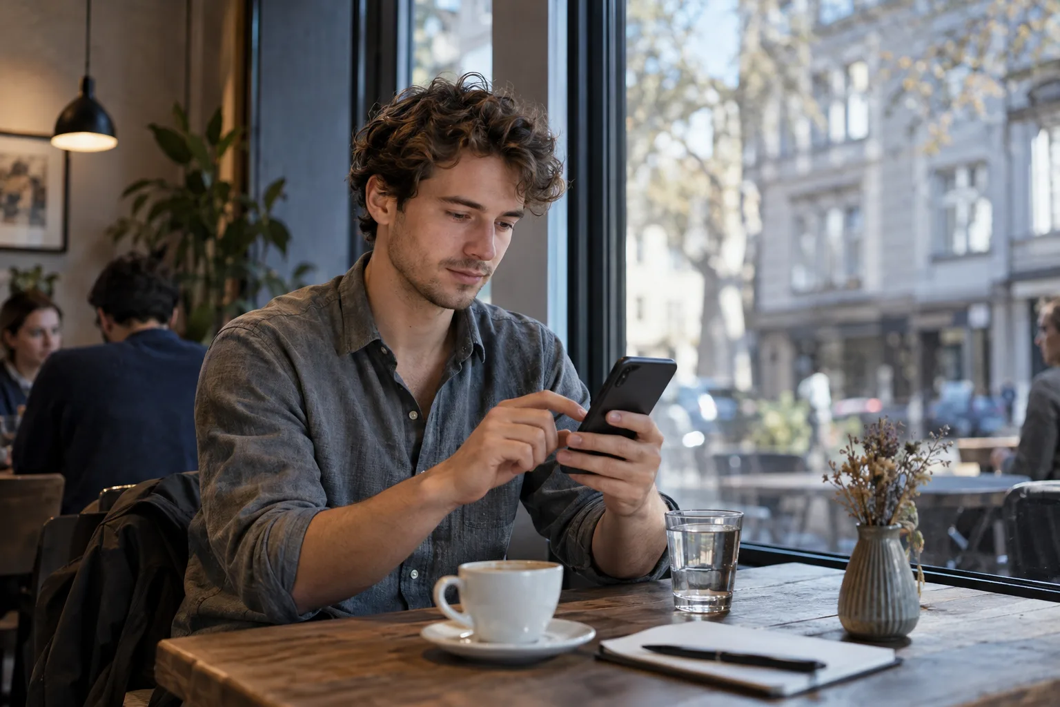 Person prüft ihre Finanzen unterwegs am Smartphone.