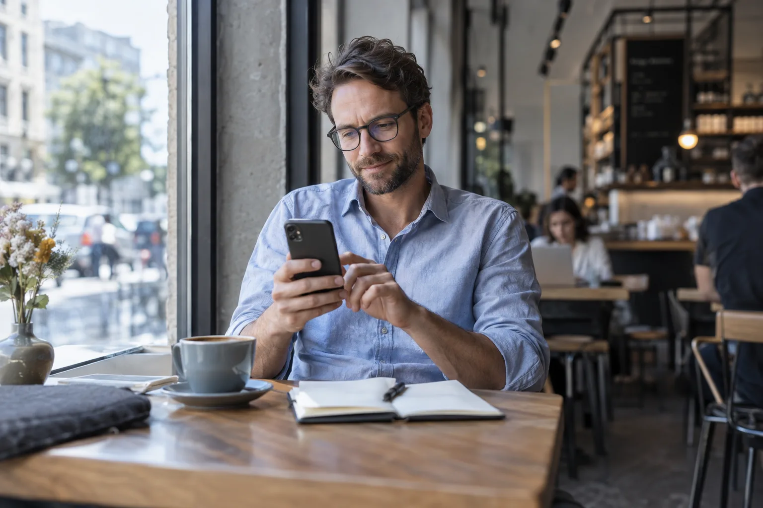 Trade Republic Zinsen: Cash-Verzinsung, Auszahlung und Grenzen Person prüft ihre Finanzen unterwegs am Smartphone.