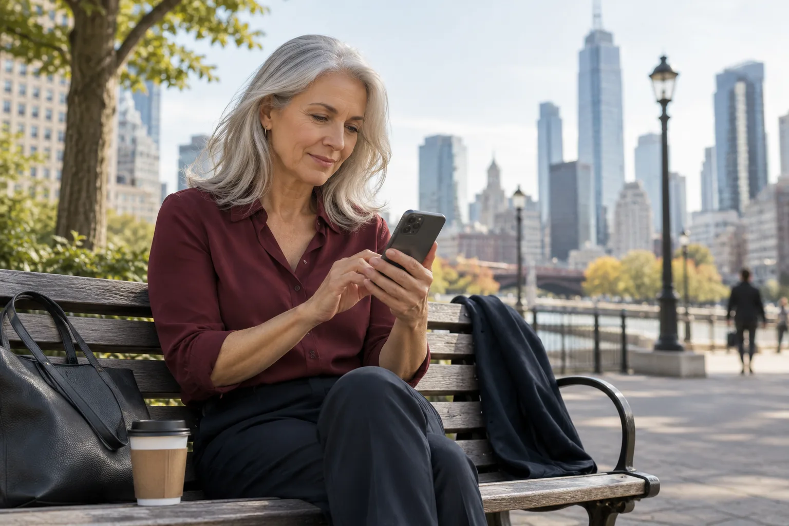 Tagesgeld in den USA: Sparkonten, Dollar und Zugang für deutsche Sparer Person prüft ihr Onlinebanking während einer Pause im Freien.