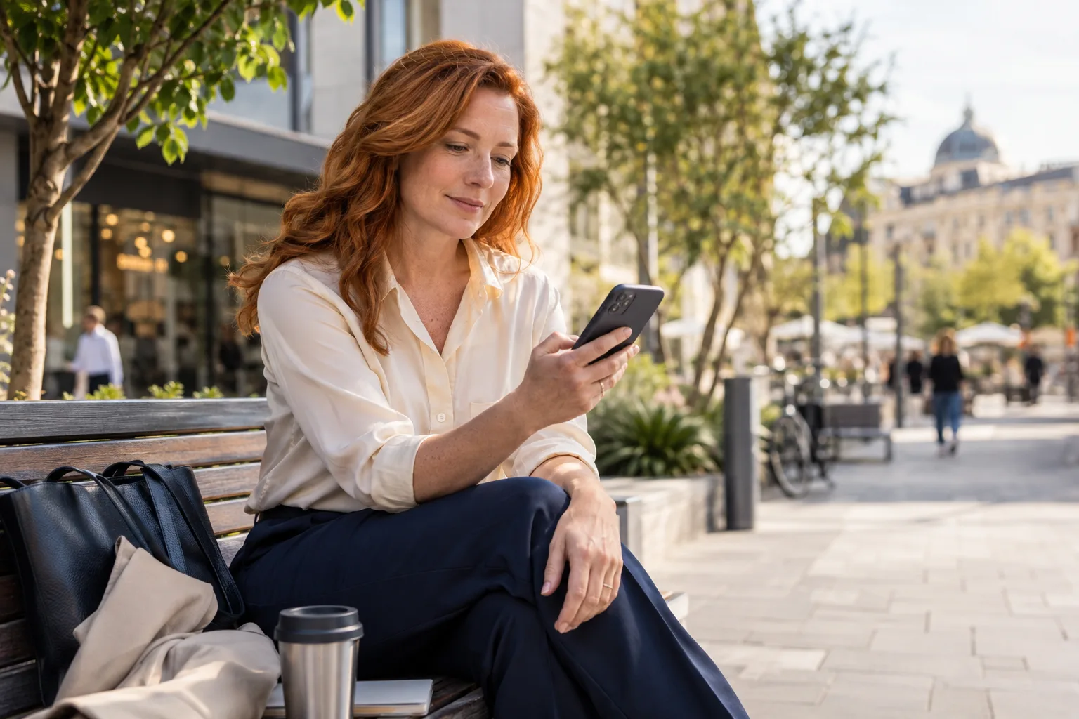 Person prüft ihr Onlinebanking während einer Pause im Freien.