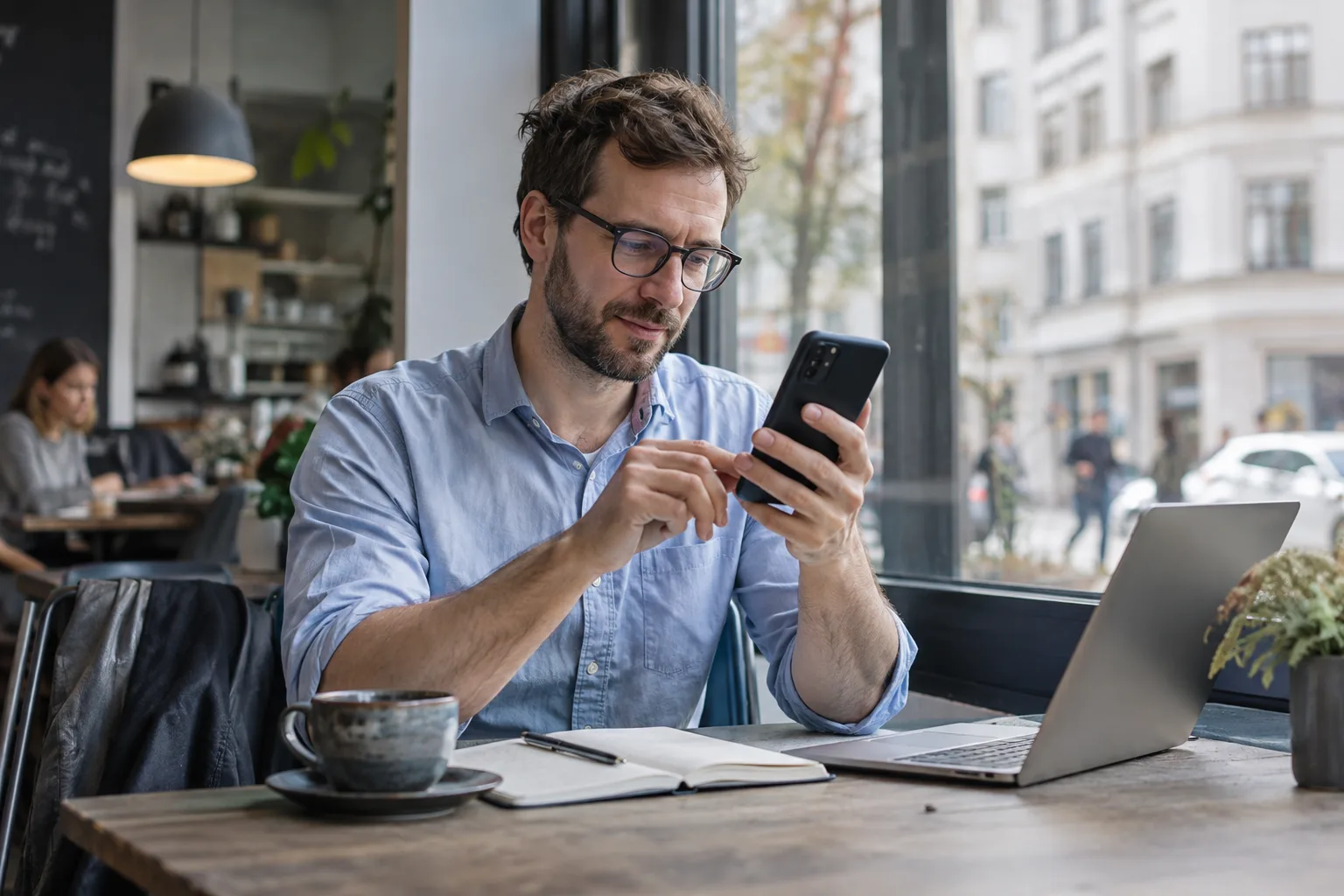 Tagesgeld oder MSCI World: Reserve und Aktienanlage auseinanderhalten Person prüft ihre Finanzen unterwegs am Smartphone.