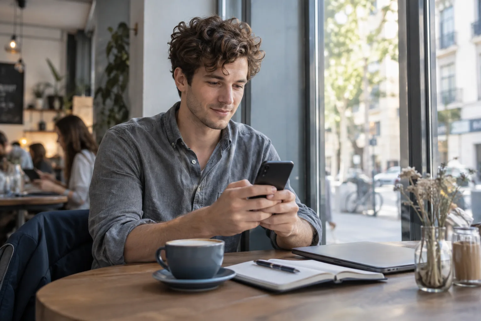 Person prüft ihre Finanzen unterwegs am Smartphone.