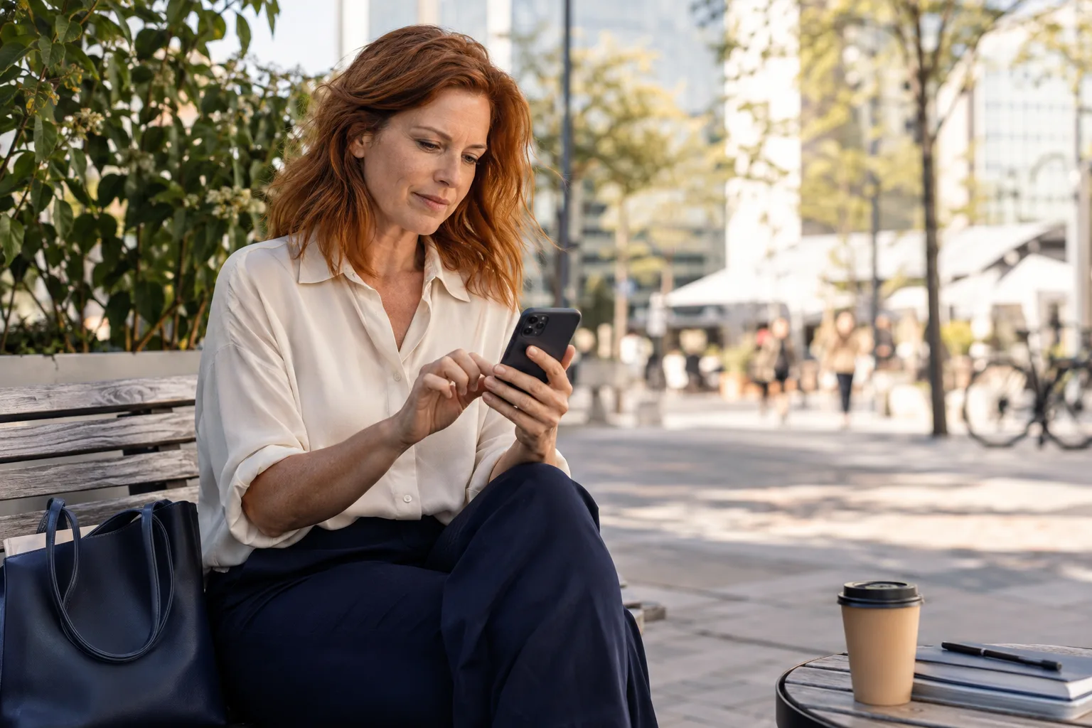 Person prüft ihr Onlinebanking während einer Pause im Freien.
