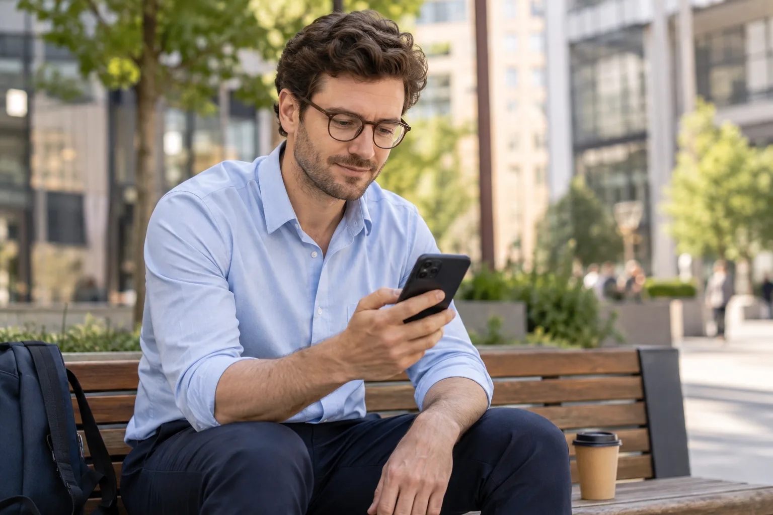Person prüft ihr Onlinebanking während einer Pause im Freien.